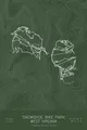 Pen-plotted mountain bike trail map of Snowshoe Bike Park, West Virginia in white ink on green paper