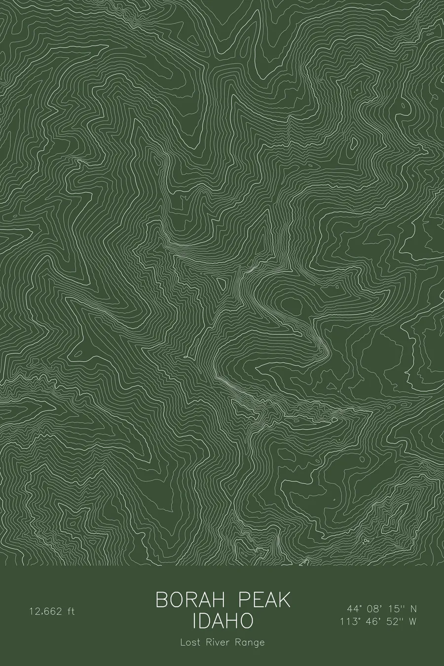 Pen-plotted topographic map of Borah Peak, Idaho in white ink on green paper