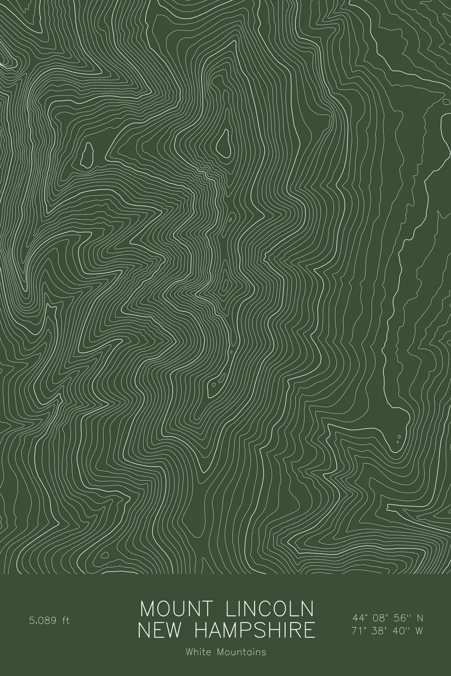 Pen-plotted topographic map of Mount Lincoln, New Hampshire in white ink on green paper
