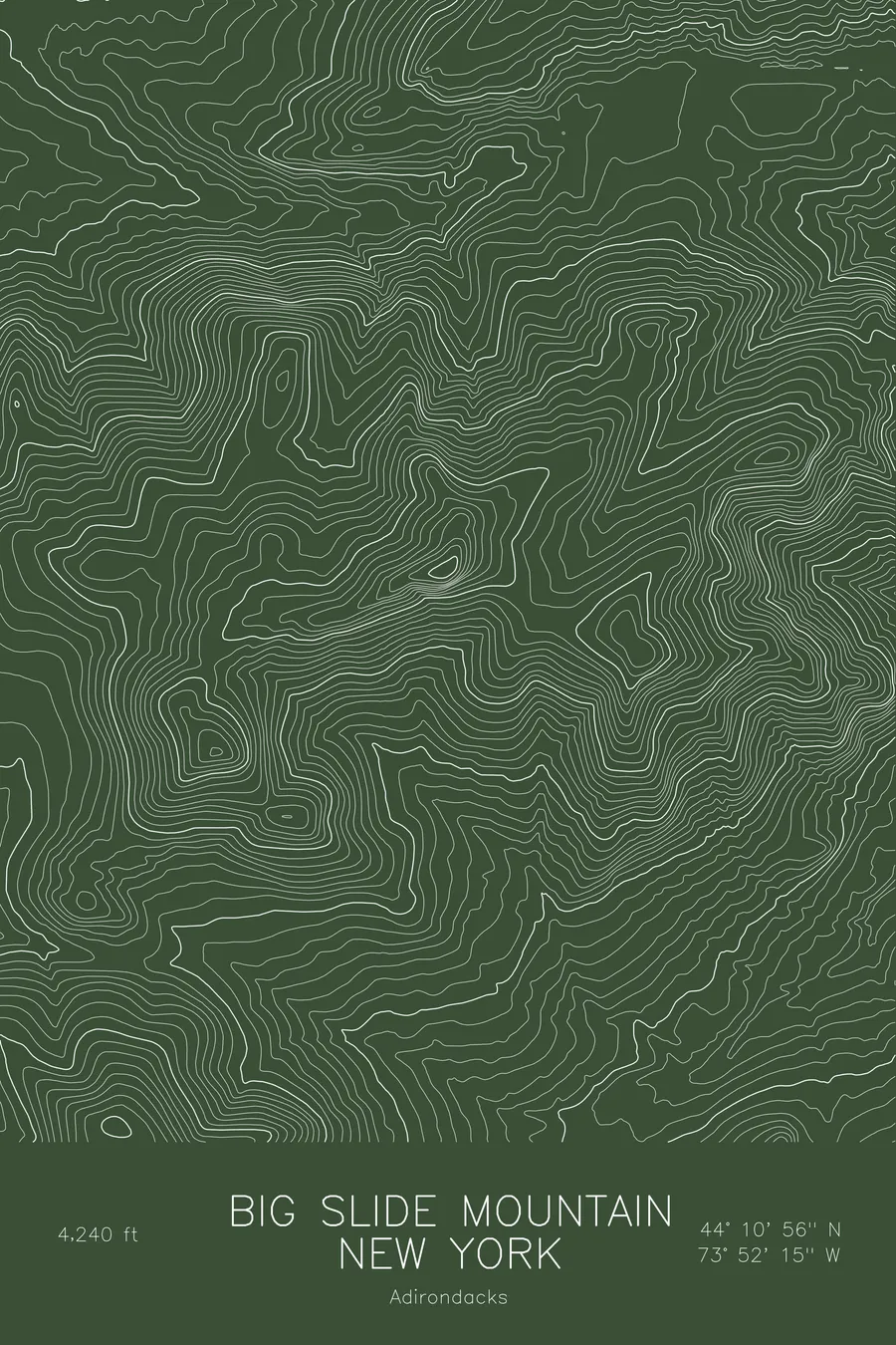 Pen-plotted topographic map of Big Slide Mountain, New York in white ink on green paper