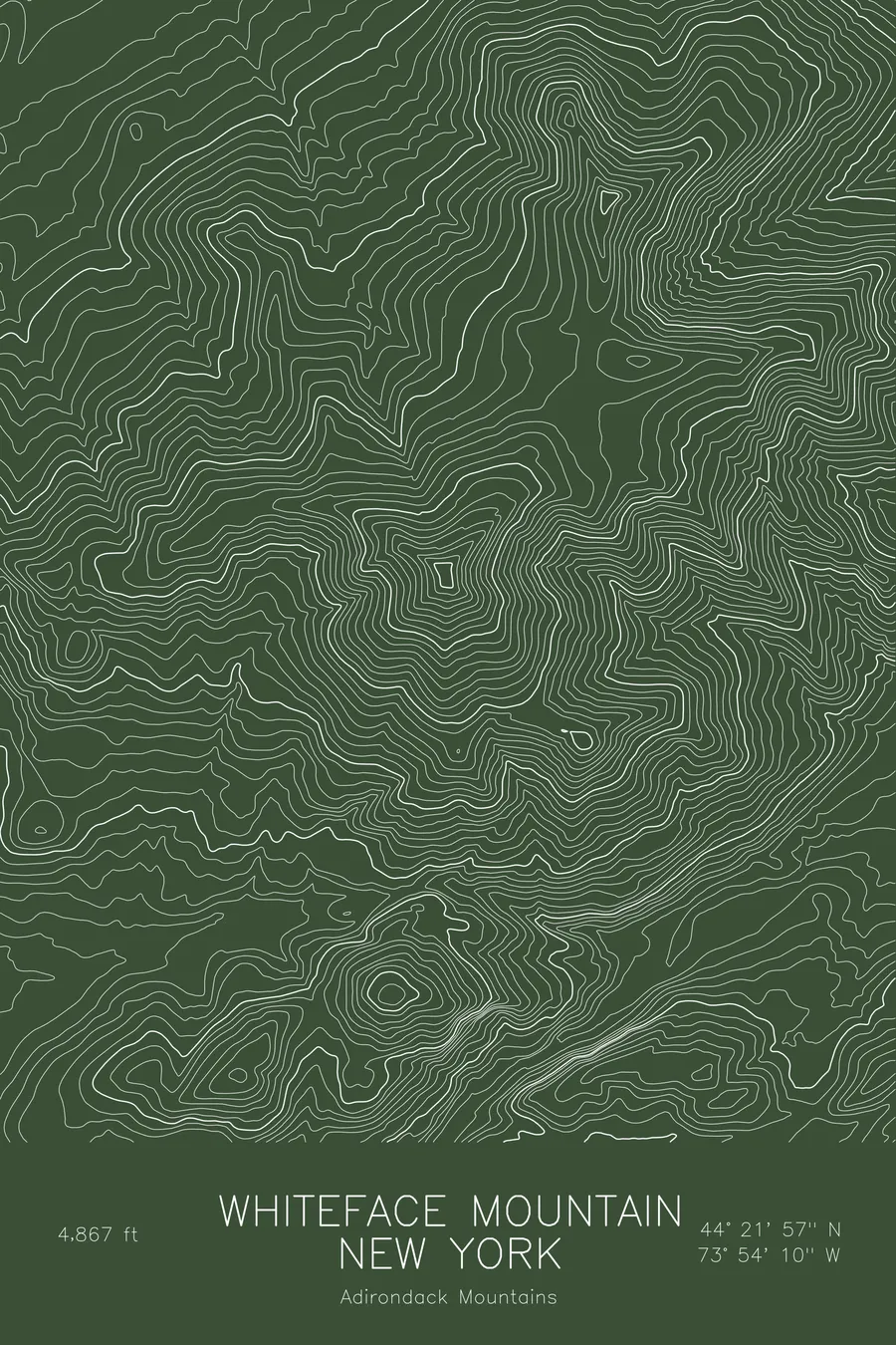 Pen-plotted topographic map of Whiteface Mountain, New York in white ink on green paper