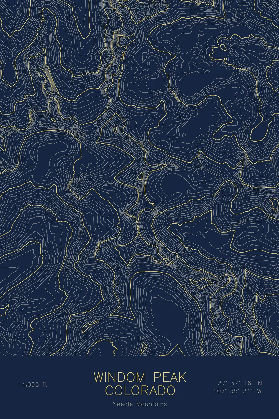 Pen-plotted topographic map of Windom Peak, Colorado in gold ink on navy paper