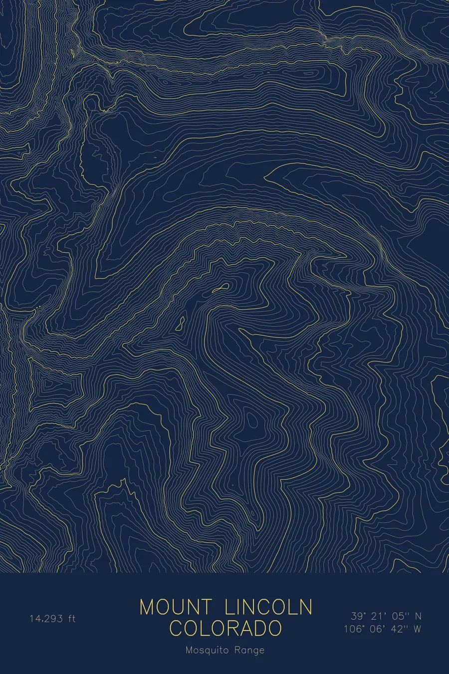 Pen-plotted topographic map of Mount Lincoln, Colorado in gold ink on navy paper