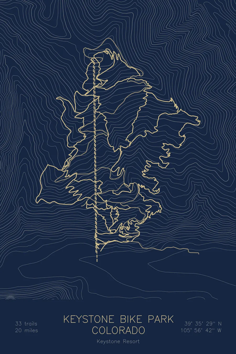 Pen-plotted mountain bike trail map of Keystone Bike Park, Colorado in gold ink on navy paper