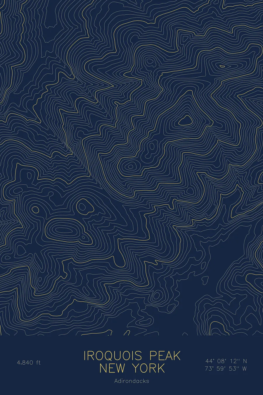 Pen-plotted topographic map of Iroquois Peak, New York in gold ink on navy paper