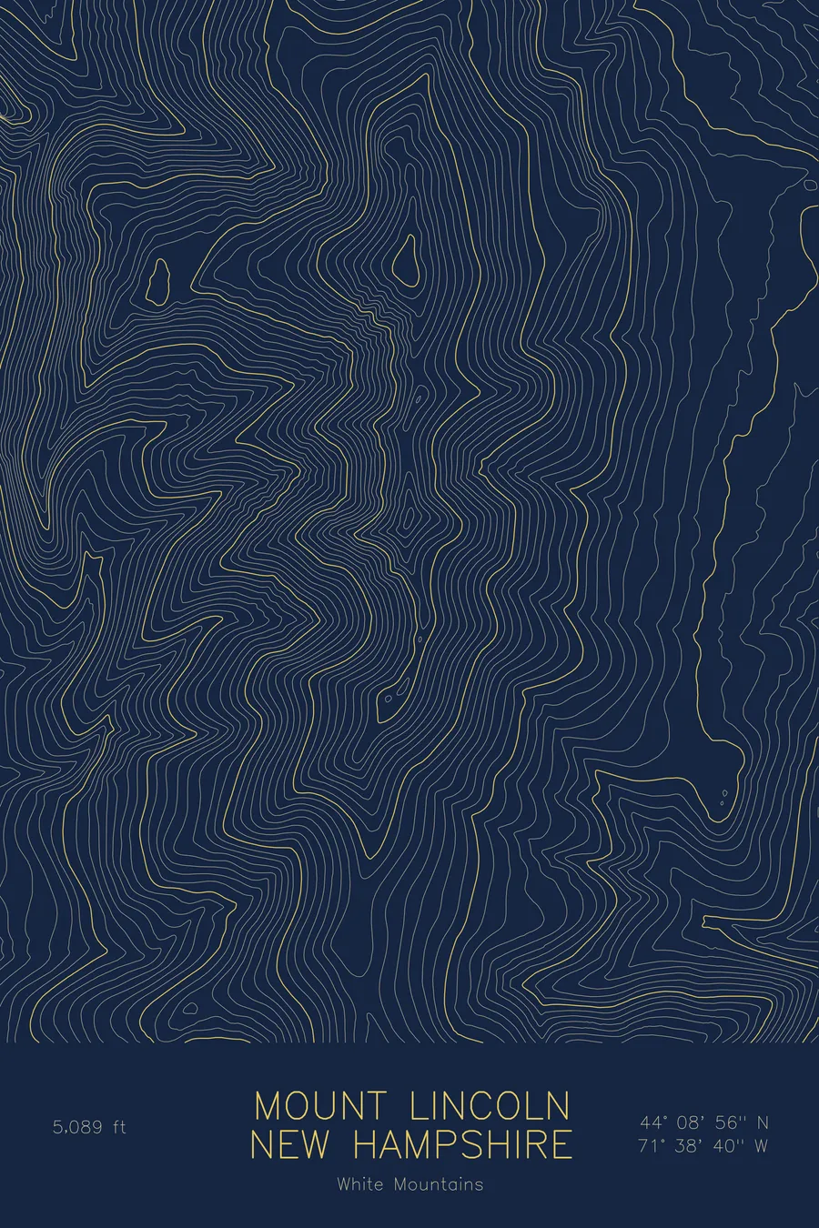Pen-plotted topographic map of Mount Lincoln, New Hampshire in gold ink on navy paper