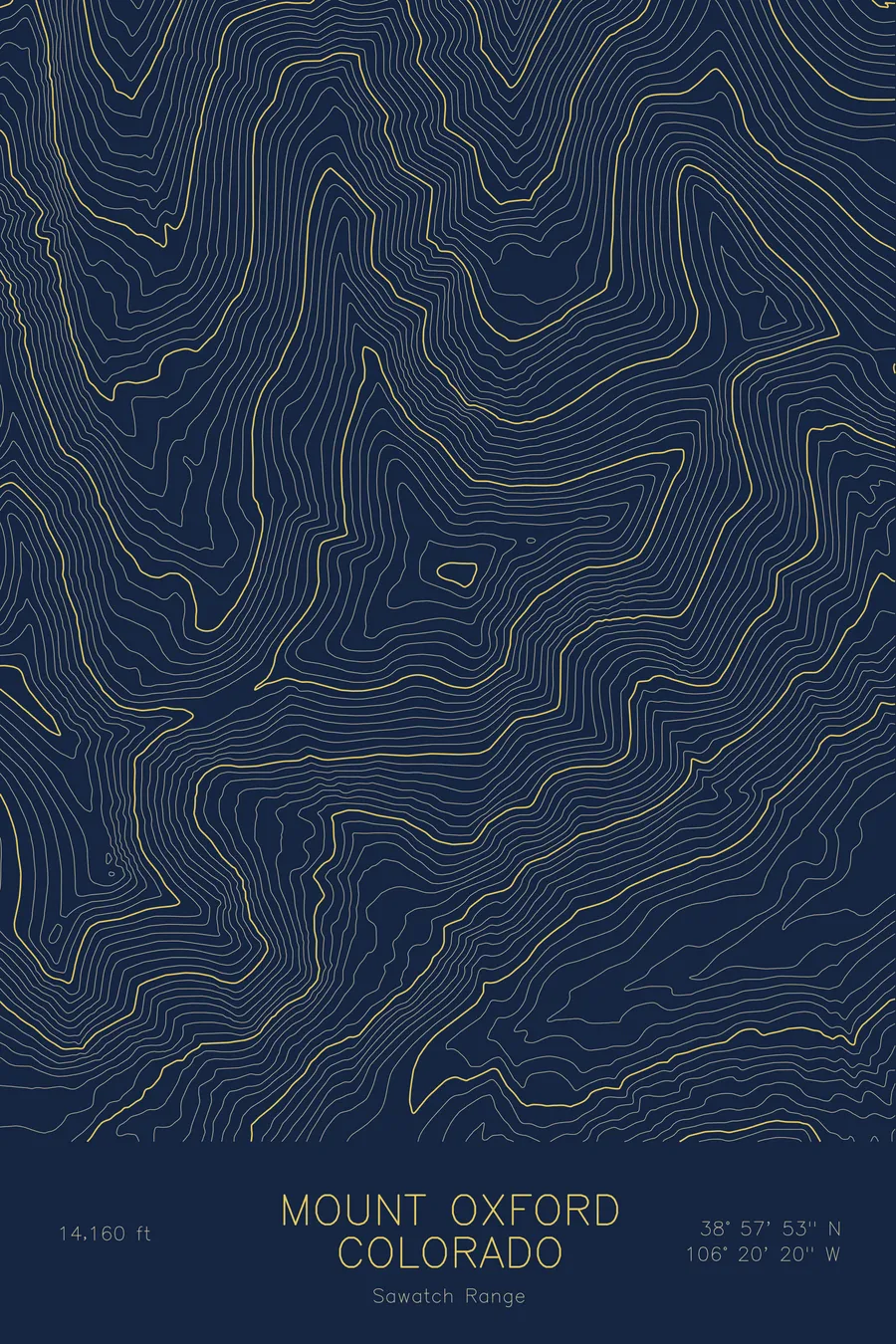Pen-plotted topographic map of Mount Oxford, Colorado in gold ink on navy paper