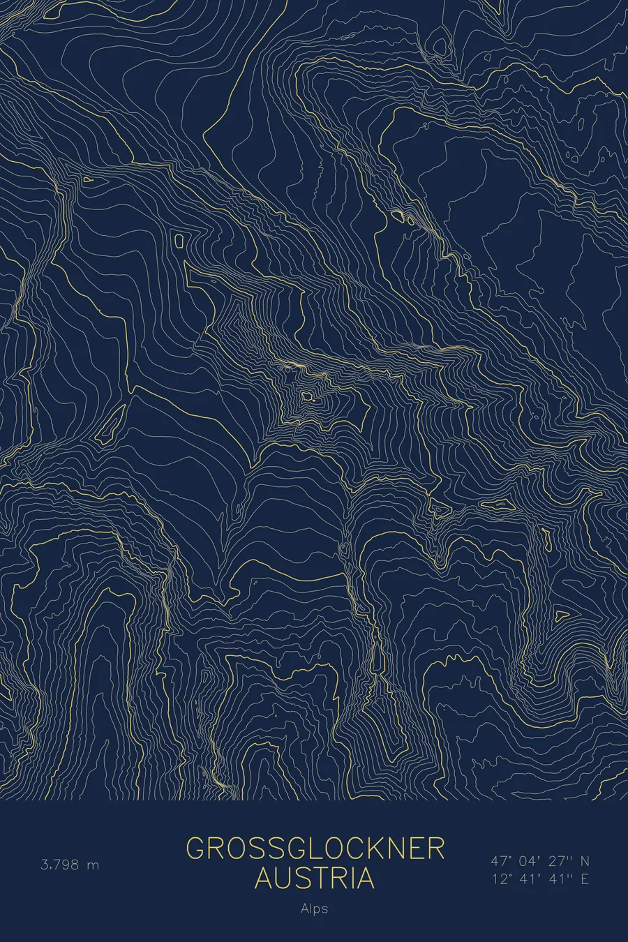 Pen-plotted topographic map of Grossglockner, Austria in gold ink on navy paper