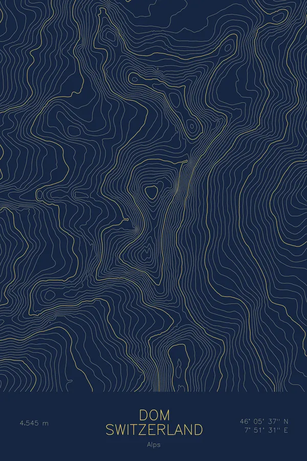 Pen-plotted topographic map of Dom, Switzerland in gold ink on navy paper