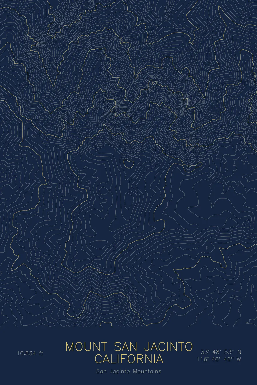 Pen-plotted topographic map of Mount San Jacinto, California in gold ink on navy paper