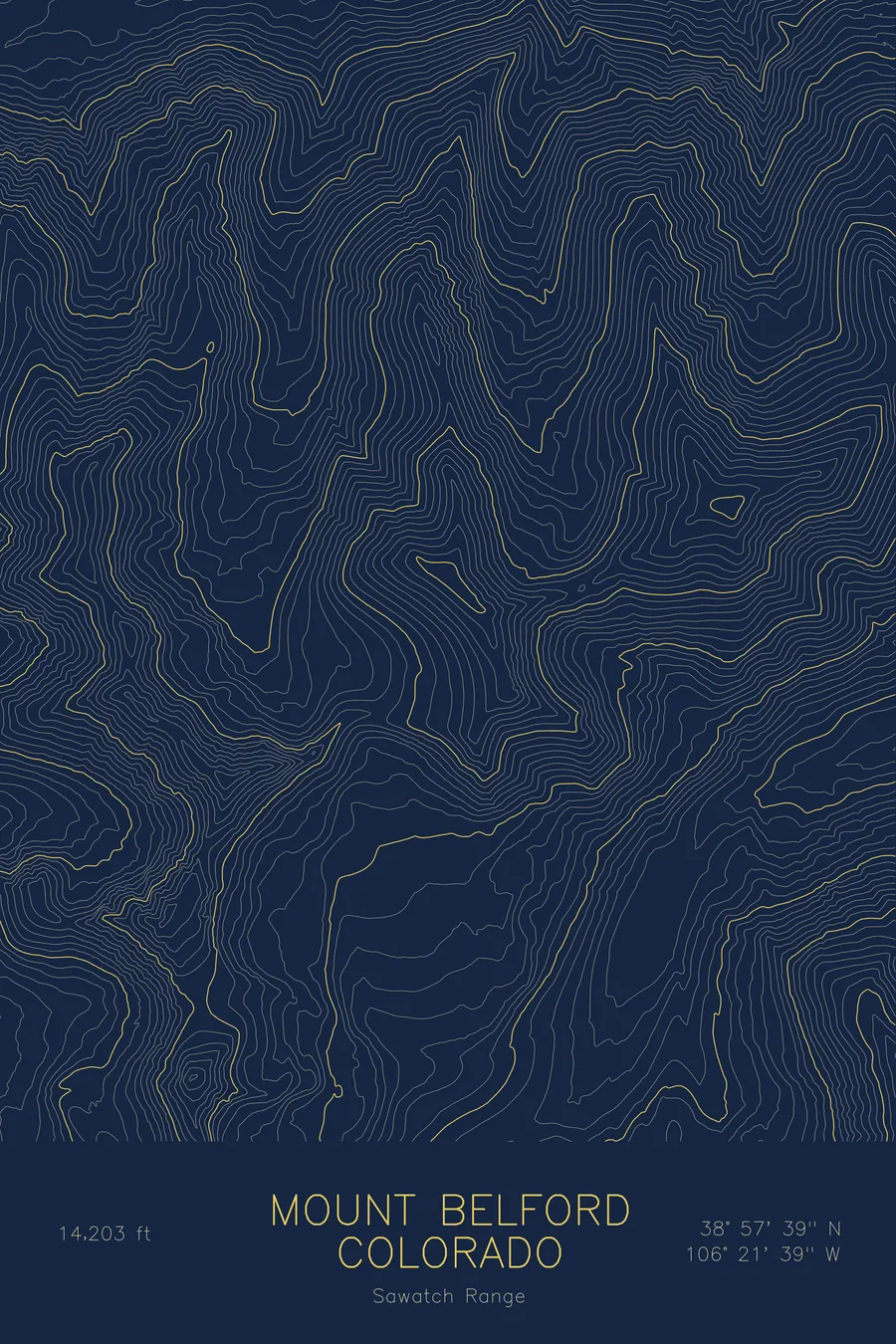 Pen-plotted topographic map of Mount Belford, Colorado in gold ink on navy paper