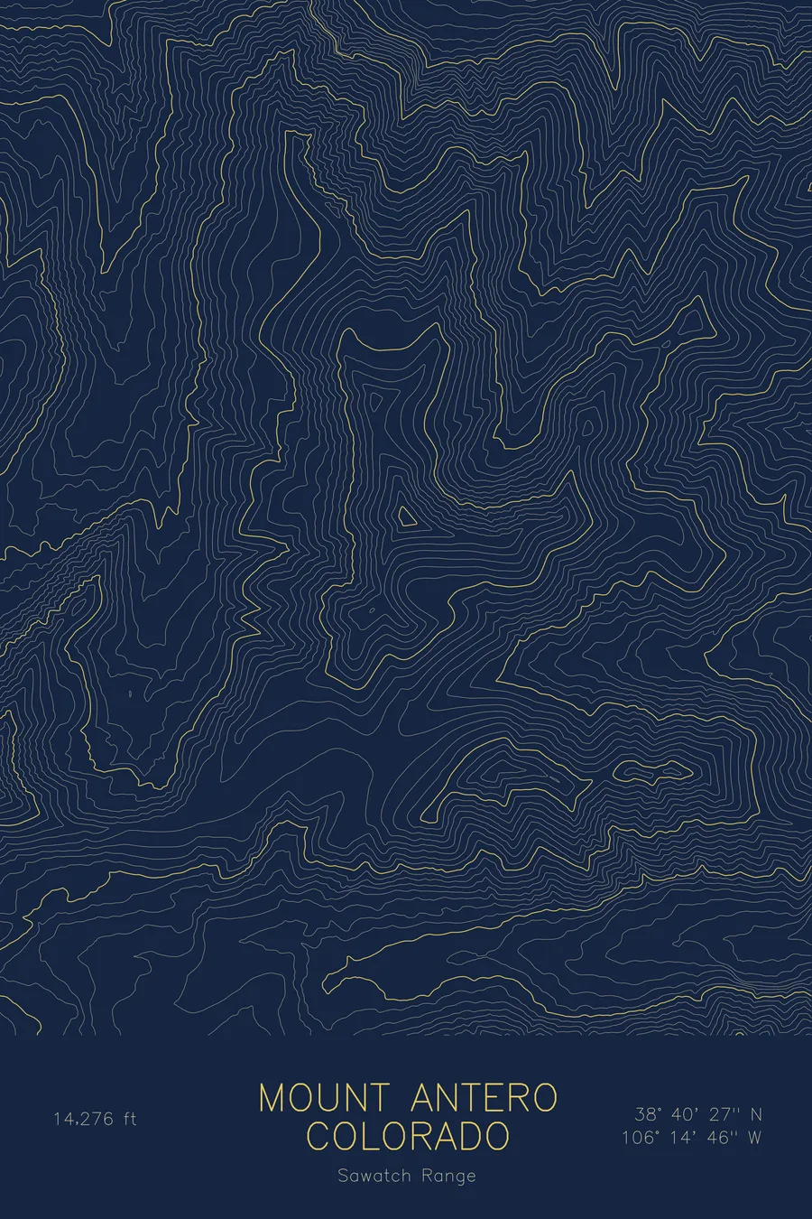 Pen-plotted topographic map of Mount Antero, Colorado in gold ink on navy paper