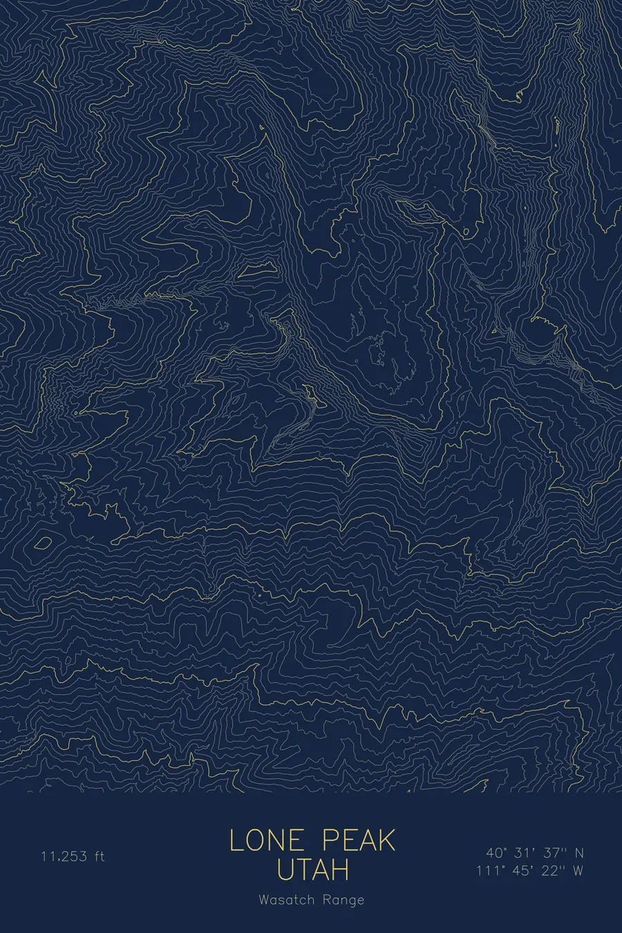 Pen-plotted topographic map of Lone Peak, Utah in gold ink on navy paper