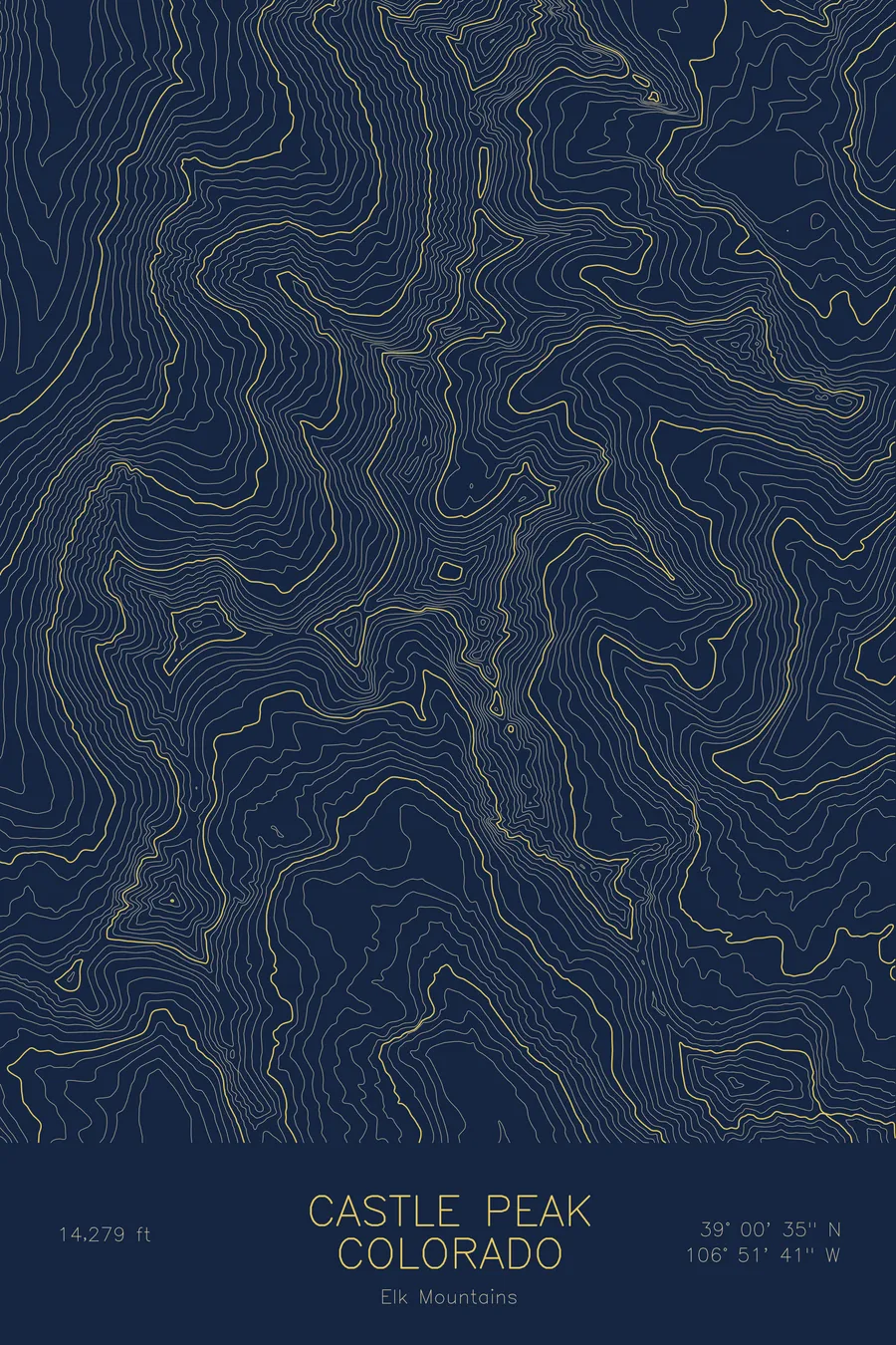 Pen-plotted topographic map of Castle Peak, Colorado in gold ink on navy paper