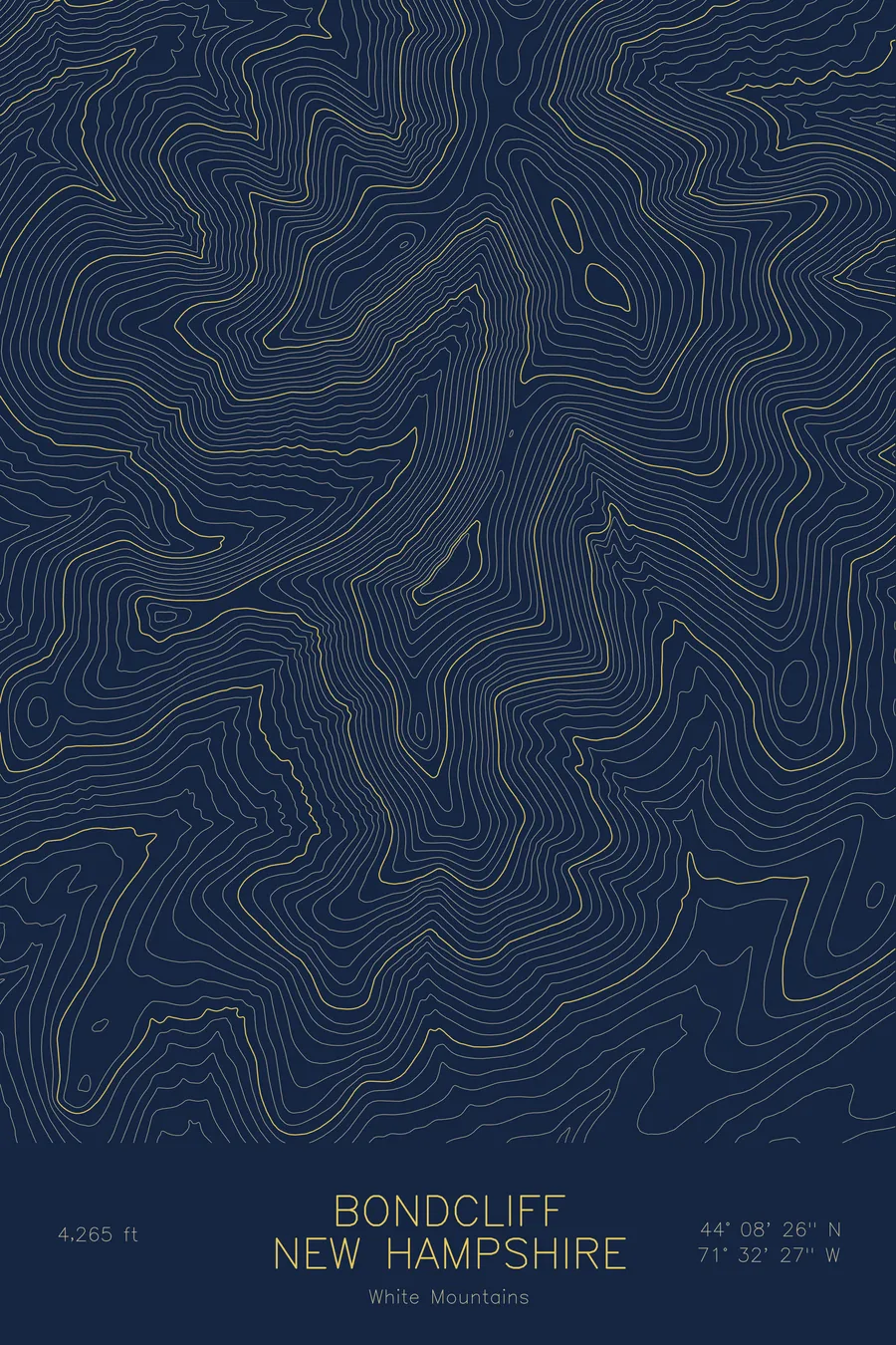 Pen-plotted topographic map of Bondcliff, New Hampshire in gold ink on navy paper