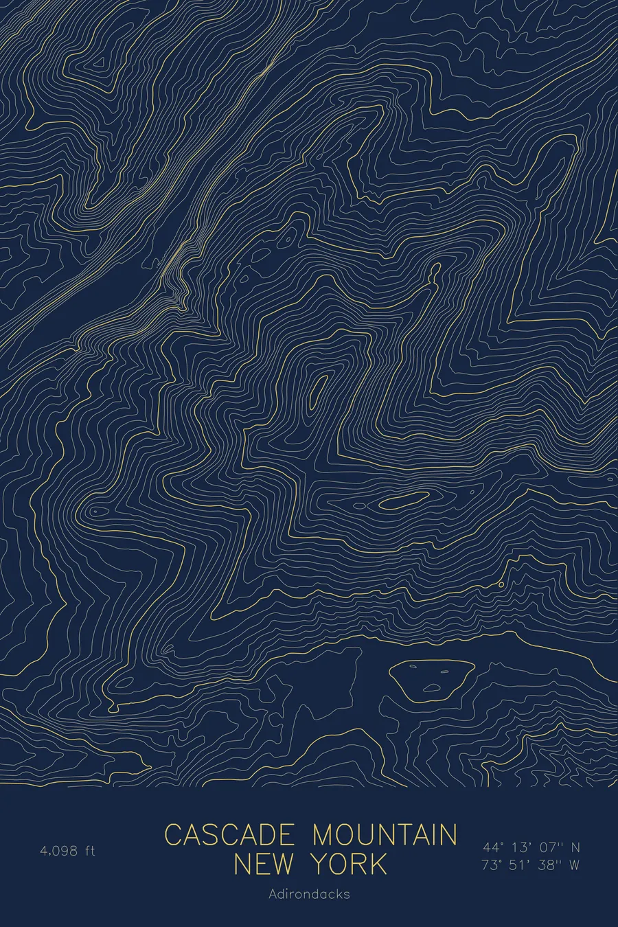 Pen-plotted topographic map of Cascade Mountain, New York in gold ink on navy paper