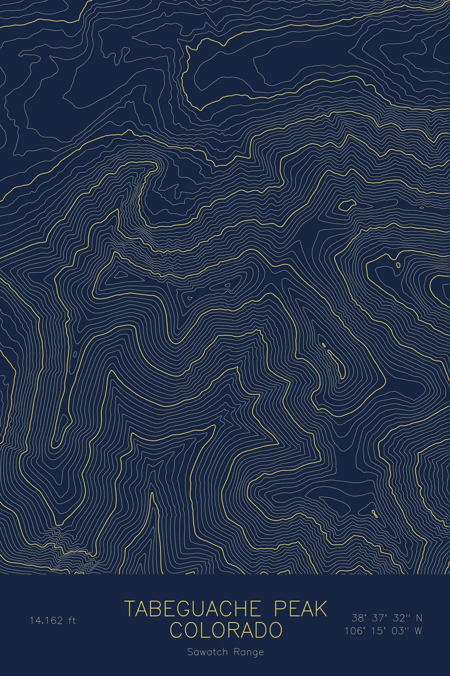 Pen-plotted topographic map of Tabeguache Peak, Colorado in gold ink on navy paper