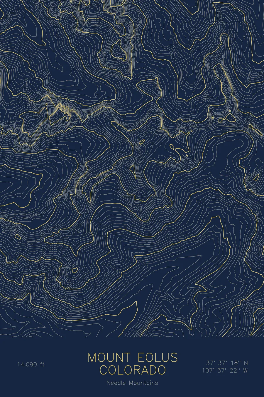 Pen-plotted topographic map of Mount Eolus, Colorado in gold ink on navy paper