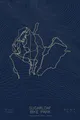 Pen-plotted mountain bike trail map of Sugarloaf Bike Park, Maine in gold ink on navy paper