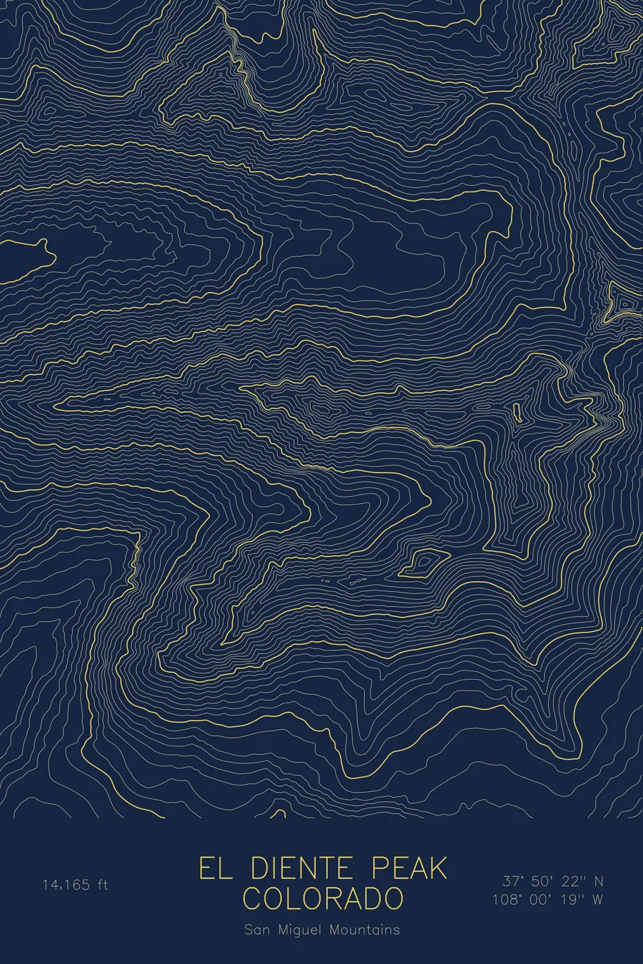 Pen-plotted topographic map of El Diente Peak, Colorado in gold ink on navy paper
