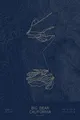 Pen-plotted topographic ski map of Big Bear, California in gold ink on navy paper