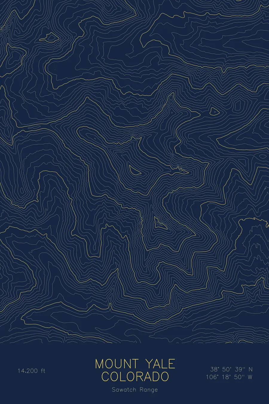 Pen-plotted topographic map of Mount Yale, Colorado in gold ink on navy paper