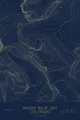 Pen-plotted topographic map of Mount Blue Sky, Colorado in gold ink on navy paper