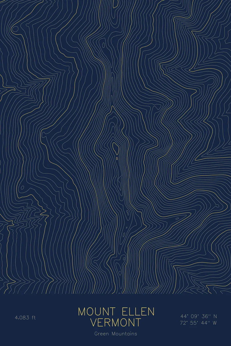 Pen-plotted topographic map of Mount Ellen, Vermont in gold ink on navy paper