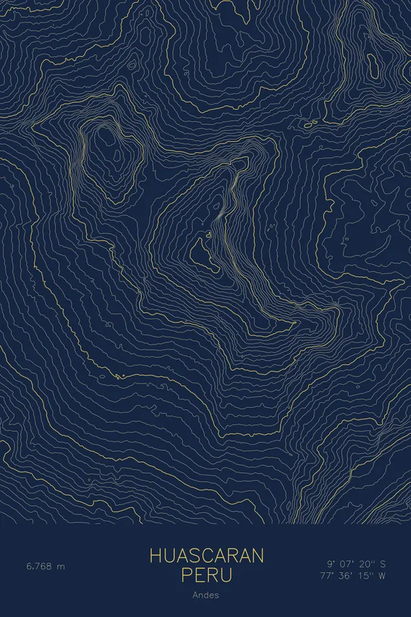 Pen-plotted topographic map of Huascaran, Peru in gold ink on navy paper