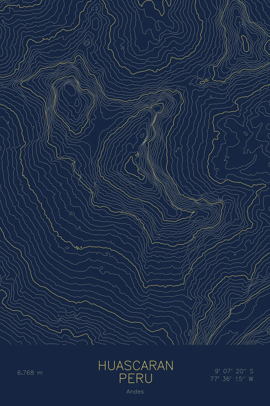 Pen-plotted topographic map of Huascaran, Peru in gold ink on navy paper