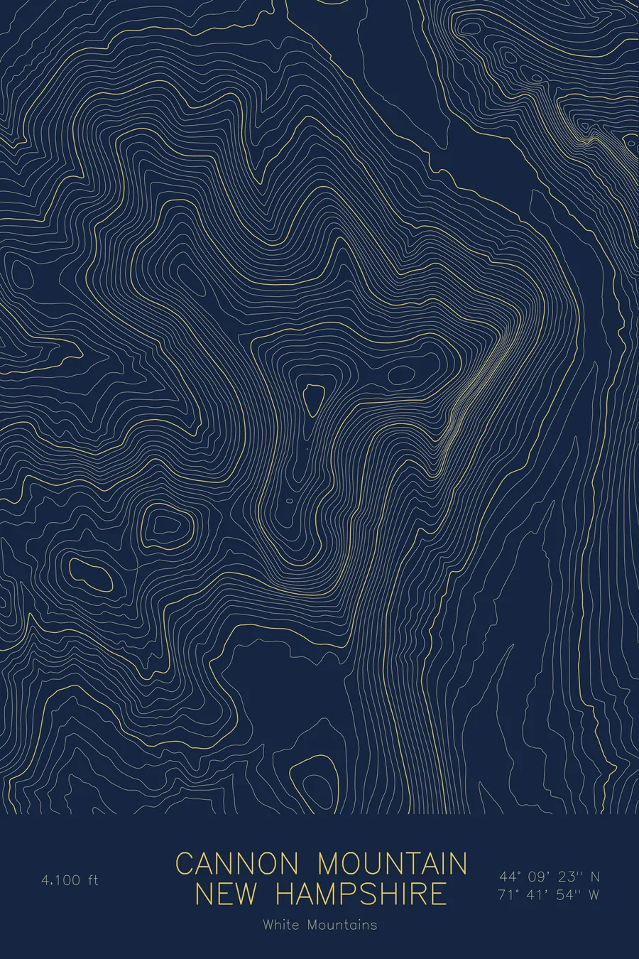 Pen-plotted topographic map of Cannon Mountain, New Hampshire in gold ink on navy paper