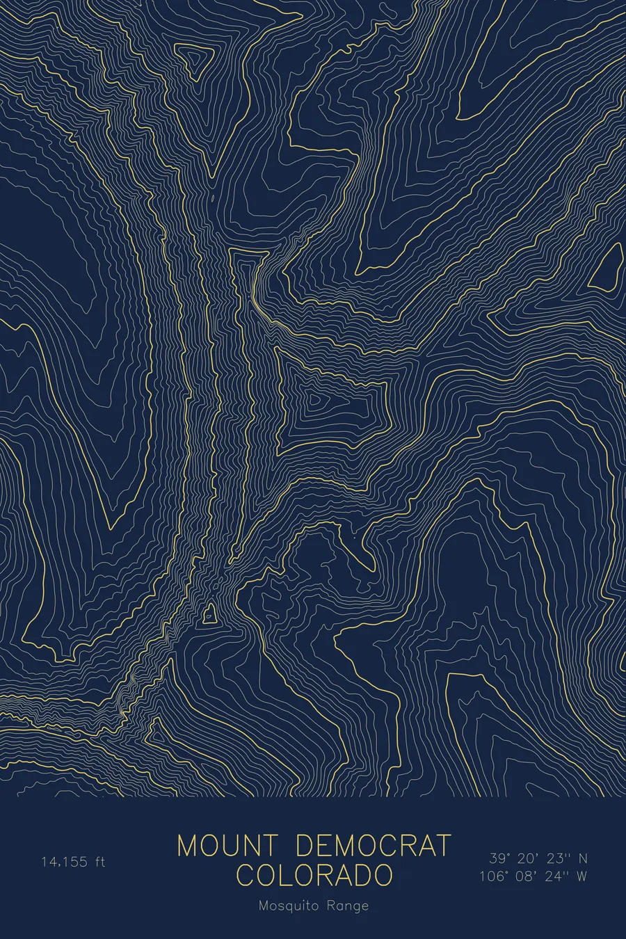 Pen-plotted topographic map of Mount Democrat, Colorado in gold ink on navy paper