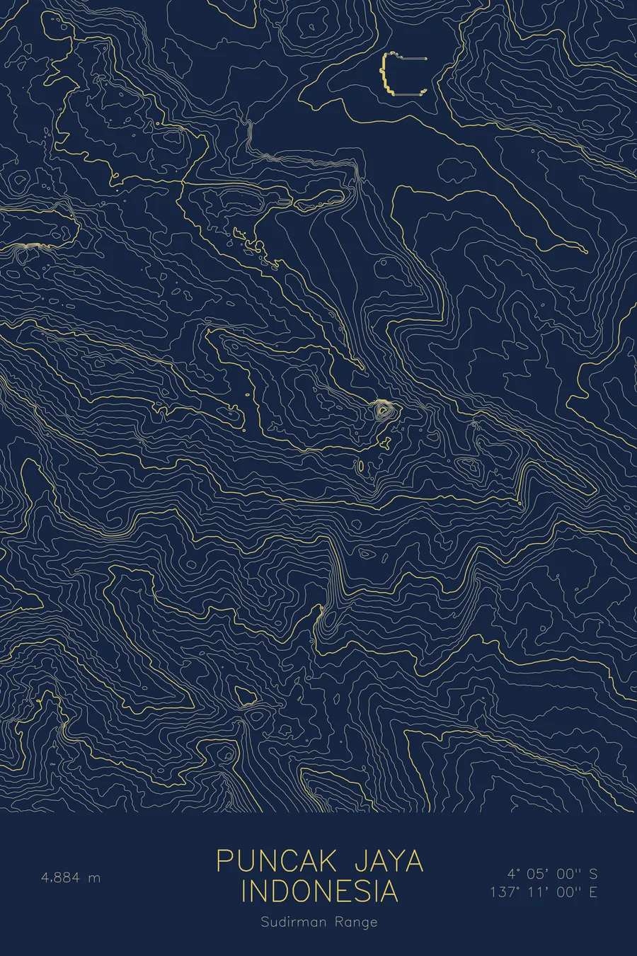 Pen-plotted topographic map of Puncak Jaya, Indonesia in gold ink on navy paper