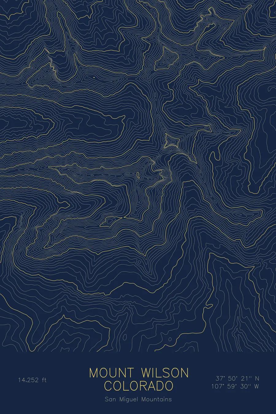 Pen-plotted topographic map of Mount Wilson, Colorado in gold ink on navy paper