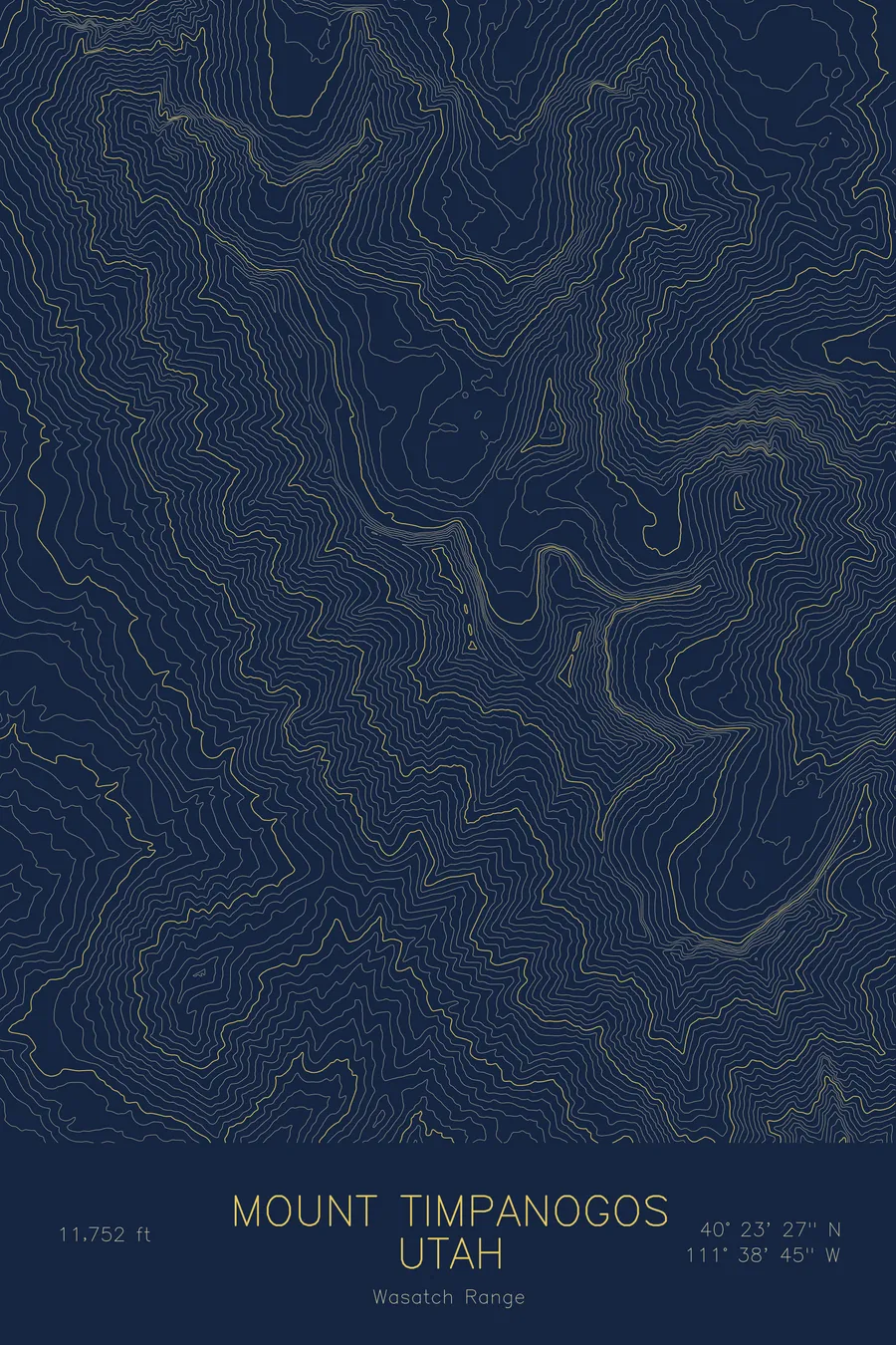 Pen-plotted topographic map of Mount Timpanogos, Utah in gold ink on navy paper