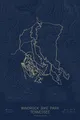 Pen-plotted mountain bike trail map of Windrock Bike Park, Tennessee in gold ink on navy paper