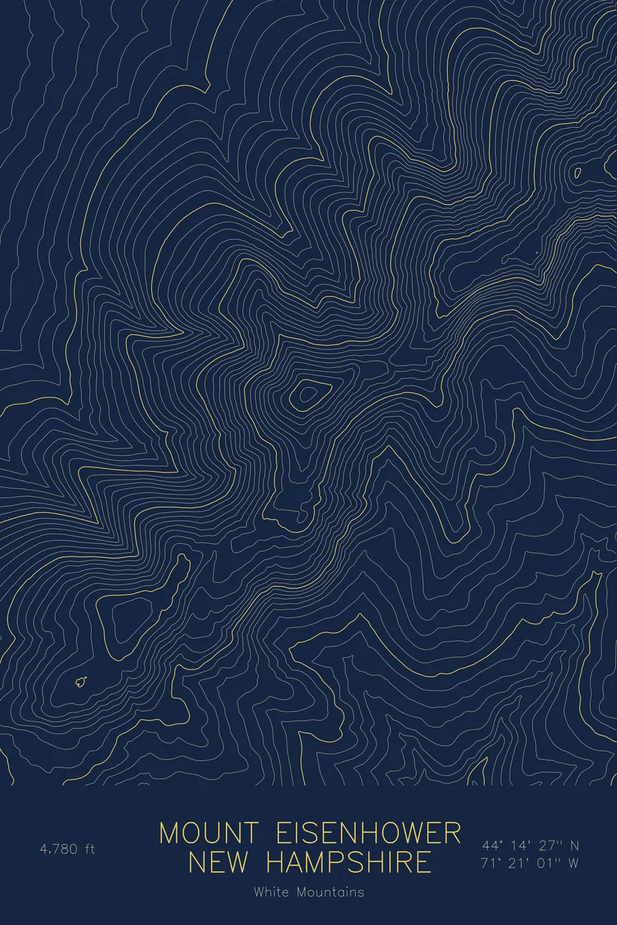 Pen-plotted topographic map of Mount Eisenhower, New Hampshire in gold ink on navy paper