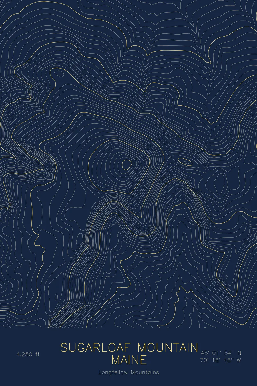 Pen-plotted topographic map of Sugarloaf Mountain, Maine in gold ink on navy paper