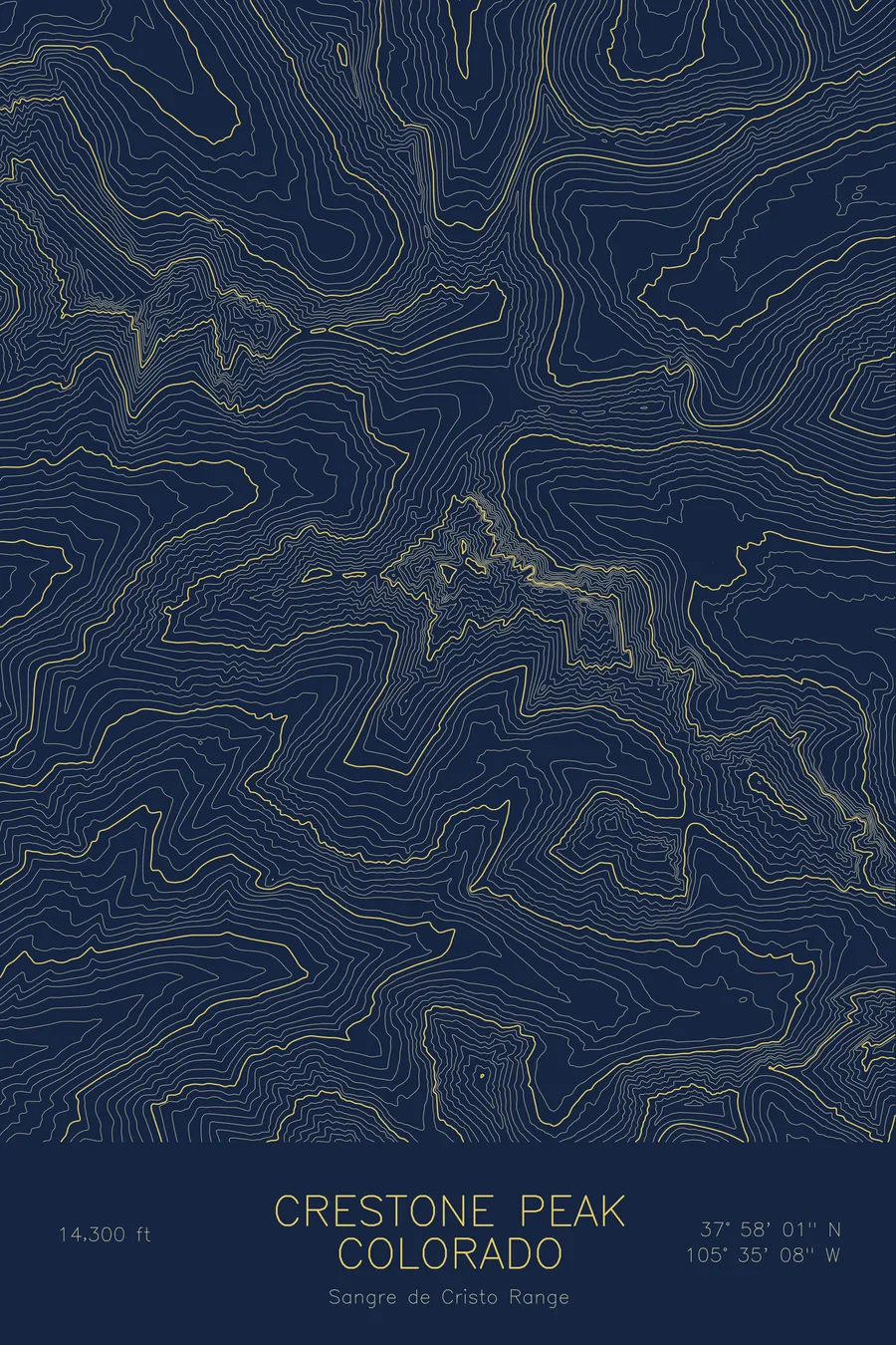Pen-plotted topographic map of Crestone Peak, Colorado in gold ink on navy paper