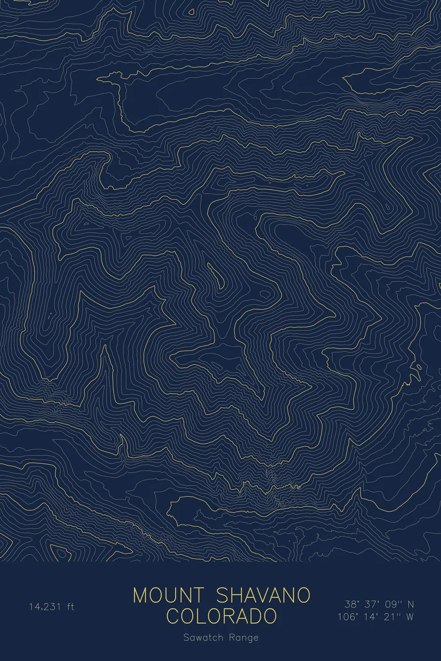 Pen-plotted topographic map of Mount Shavano, Colorado in gold ink on navy paper