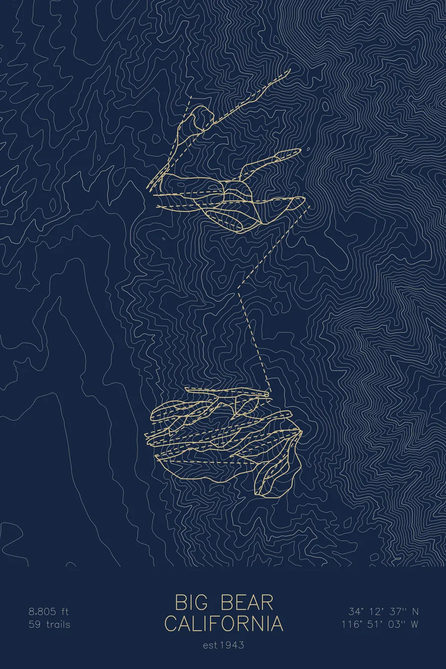 Pen-plotted topographic ski map of Big Bear, California in gold ink on navy paper