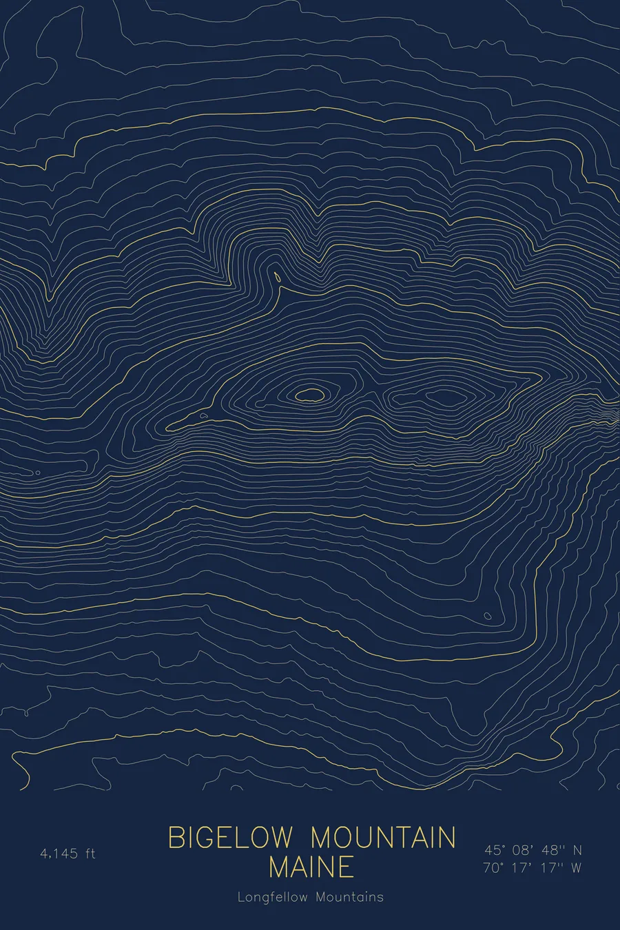 Pen-plotted topographic map of Bigelow Mountain, Maine in gold ink on navy paper