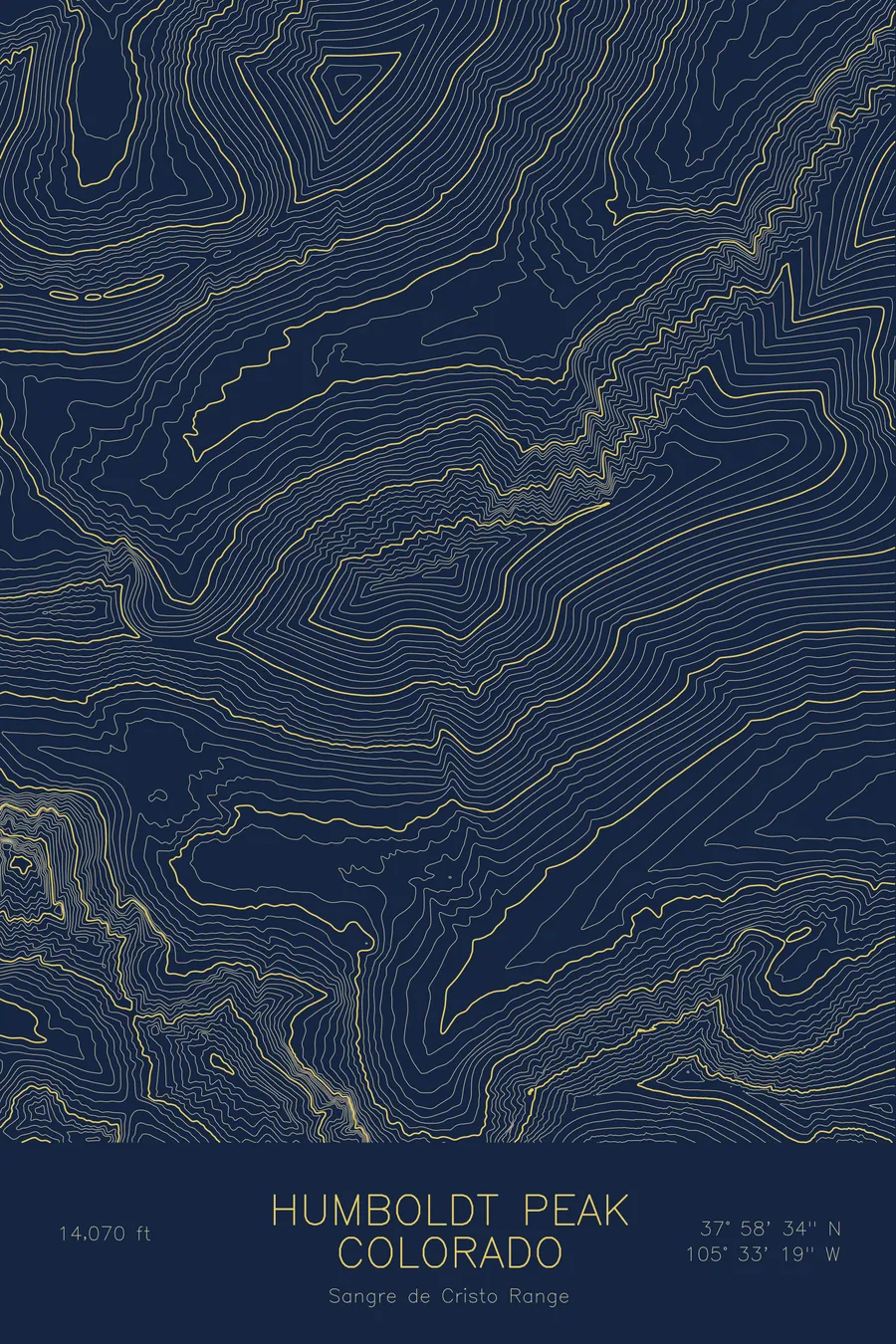 Pen-plotted topographic map of Humboldt Peak, Colorado in gold ink on navy paper