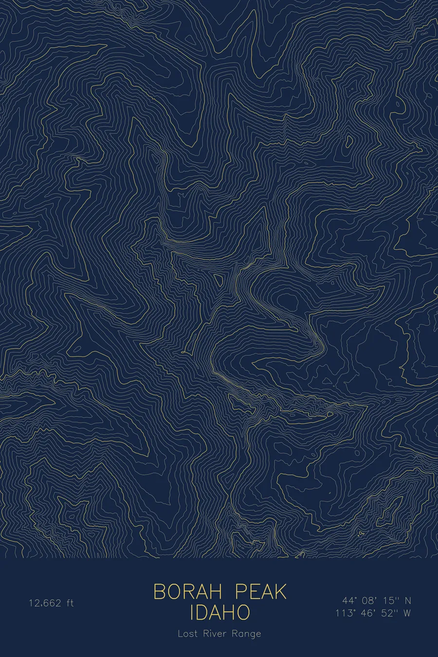 Pen-plotted topographic map of Borah Peak, Idaho in gold ink on navy paper