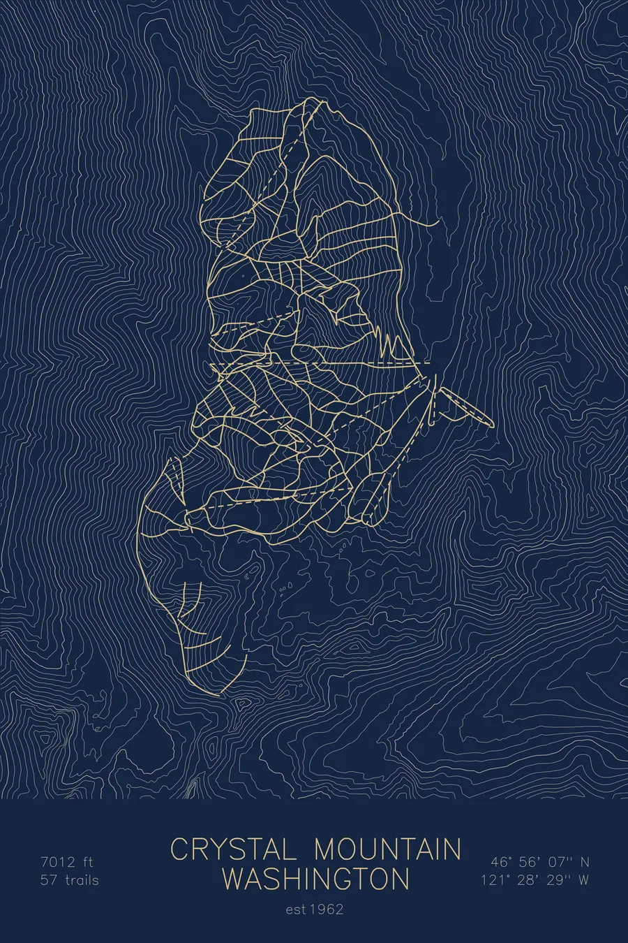Pen-plotted topographic ski map of Crystal Mountain, Washington in gold ink on navy paper