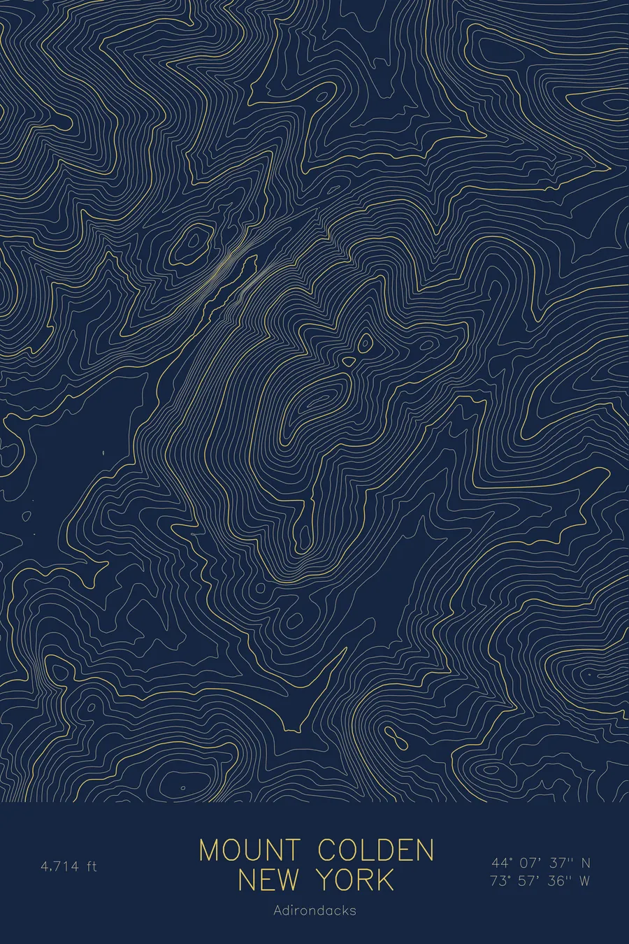 Pen-plotted topographic map of Mount Colden, New York in gold ink on navy paper