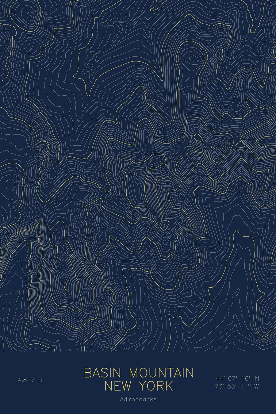 Pen-plotted topographic map of Basin Mountain, New York in gold ink on navy paper