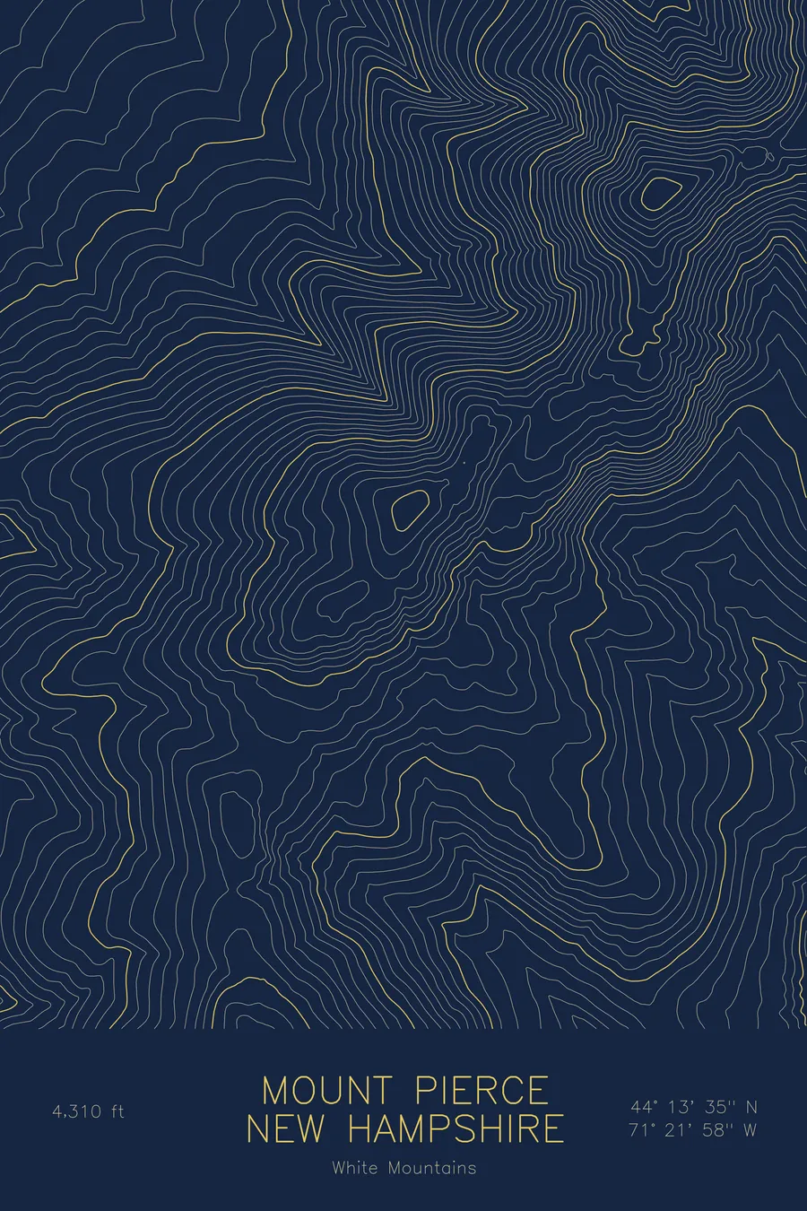 Pen-plotted topographic map of Mount Pierce, New Hampshire in gold ink on navy paper