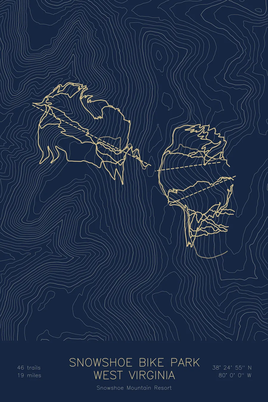 Pen-plotted mountain bike trail map of Snowshoe Bike Park, West Virginia in gold ink on navy paper