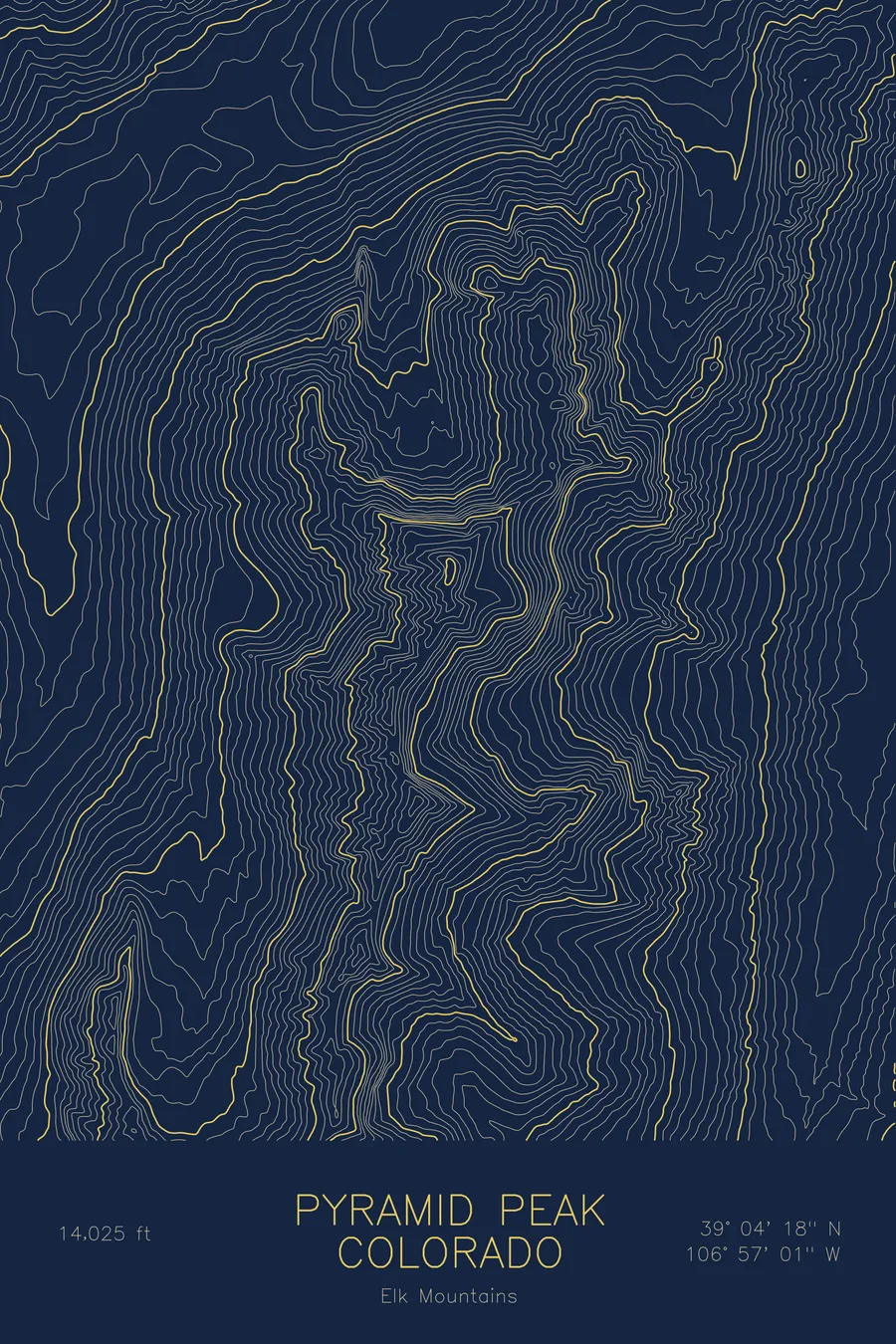 Pen-plotted topographic map of Pyramid Peak, Colorado in gold ink on navy paper
